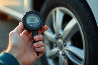 Vérification de la pression des pneus de la caravane avec un manomètre numérique