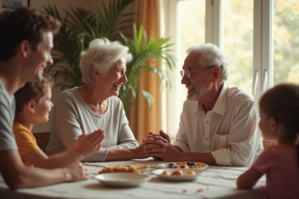 Couple âgé souriant en famille dans un salon lumineux