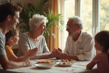 Couple âgé souriant en famille dans un salon lumineux