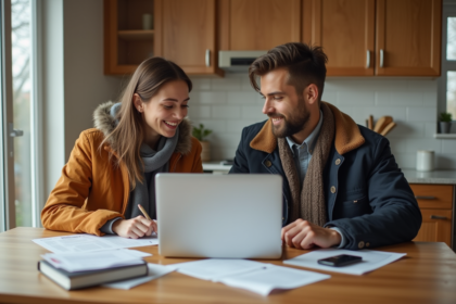 Jeune couple en cuisine automnale avec ordinateur et papiers