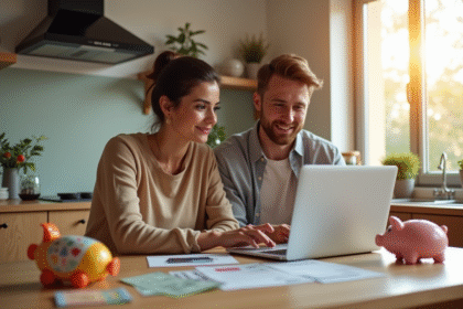 Jeune couple regardant leurs finances familiales sur un ordinateur