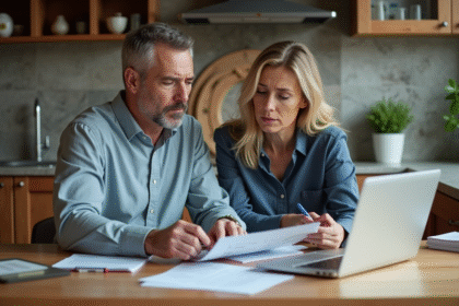 Couple d'adultes en cuisine analysant des documents financiers