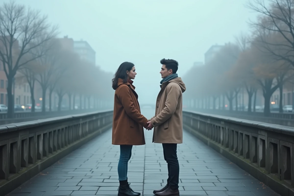 Couple de flammes jumelles se faisant face sur un pont dans la brume automnale, illustrant la séparation et la connexion spirituelle