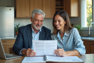 Couple d'adultes souriants dans une cuisine moderne