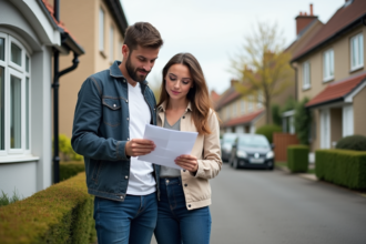 Couple devant une maison neuve en banlieue