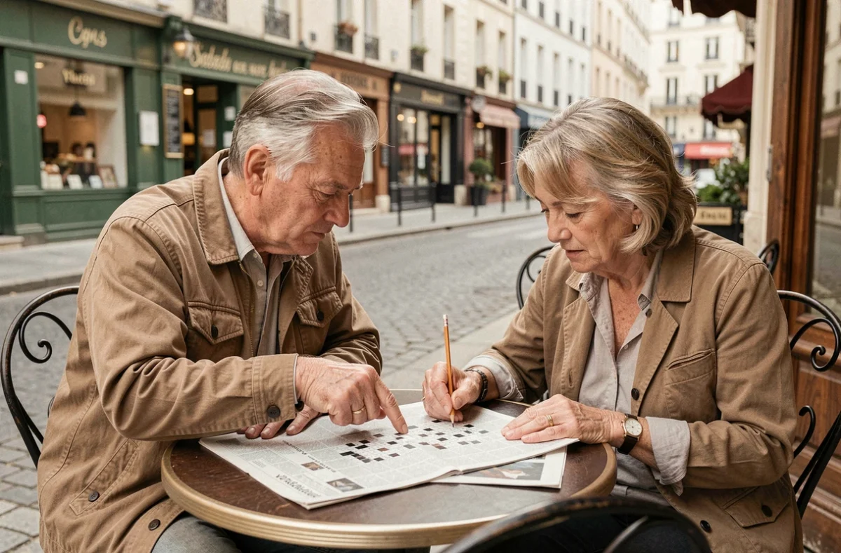 Couple de seniors collaborant sur des mots fléchés dans un café en terrasse à la française