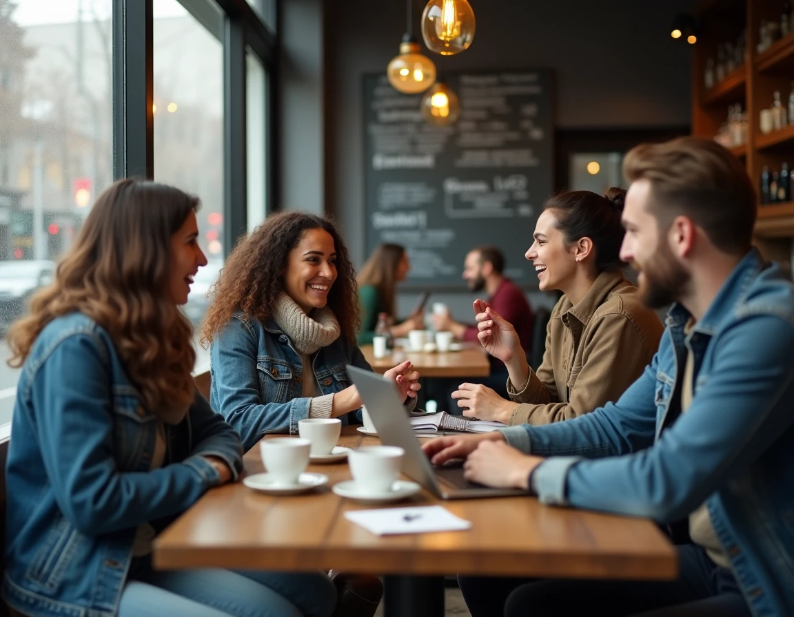 Groupe de personnes en discussion animée sur l'humour et les limites du politiquement correct dans un café