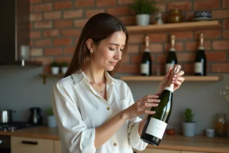 Jeune femme débutante examinant une bouteille de champagne dans une cuisine décorée avec une petite collection de bouteilles sur des étagères en bois