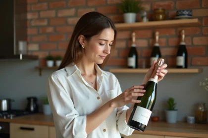 Jeune femme débutante examinant une bouteille de champagne dans une cuisine décorée avec une petite collection de bouteilles sur des étagères en bois