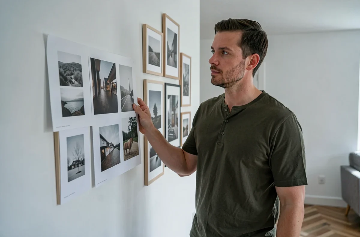 Homme tenant un panneau photo imprimé devant un mur de salon décoré en style galerie scandinave