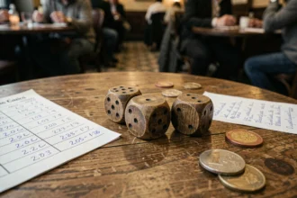 Trois dés en bois lancés sur une table de bistrot français lors d'une partie de 421