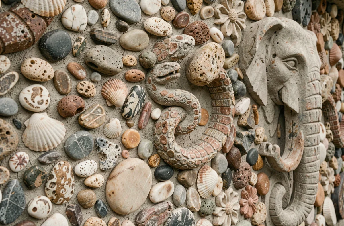 Détail des mosaïques de cailloux, coquillages et sculptures en ciment sur les murs du Palais Idéal du Facteur Cheval