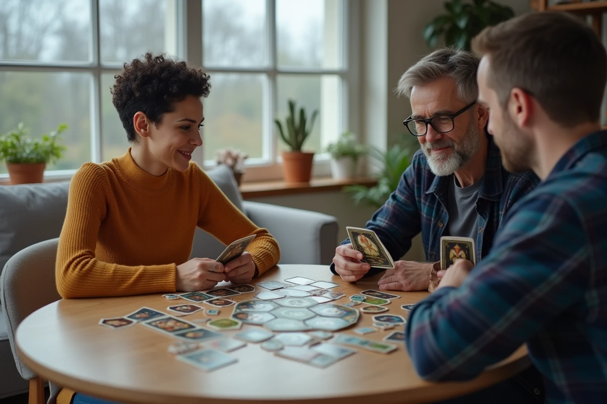Deux adultes jouant à un jeu de stratégie et de guerre immersif autour d'une table dans un salon moderne et chaleureux