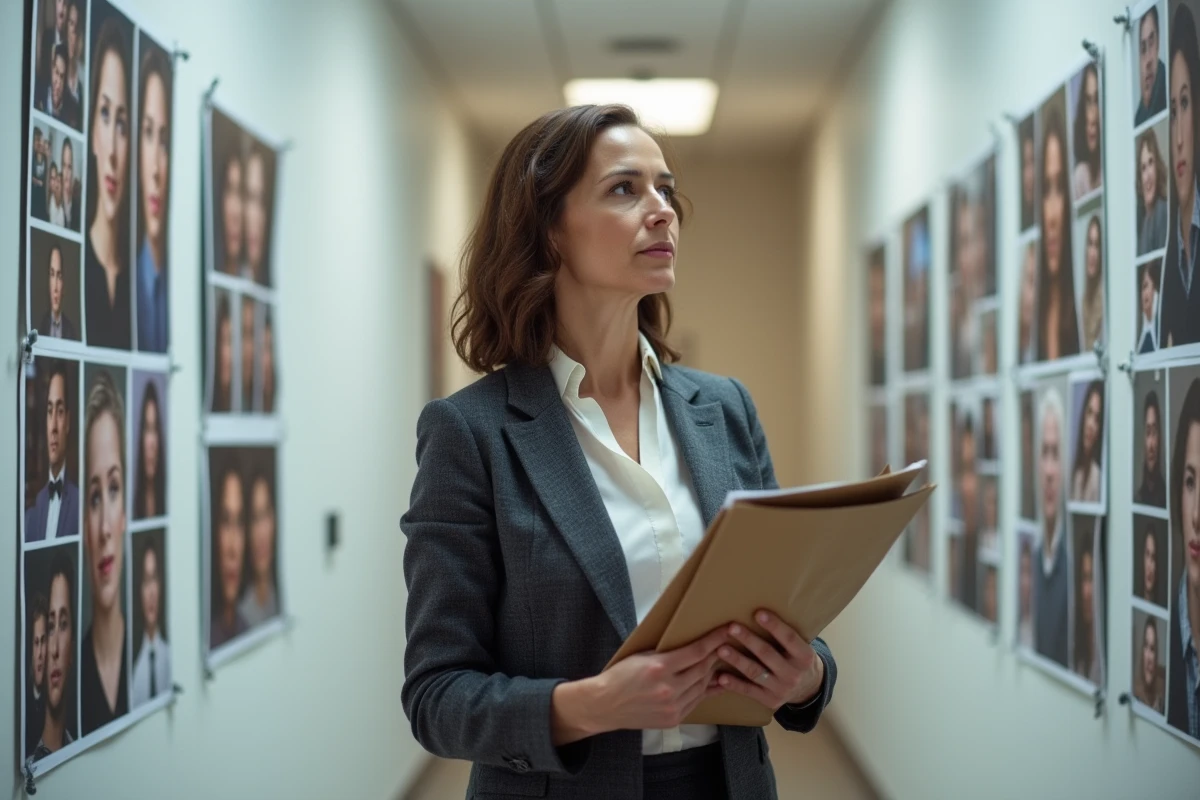 Directrice de casting en blazer gris examinant des portraits d'acteurs dans un couloir d'agence de casting pour un film de super-héros