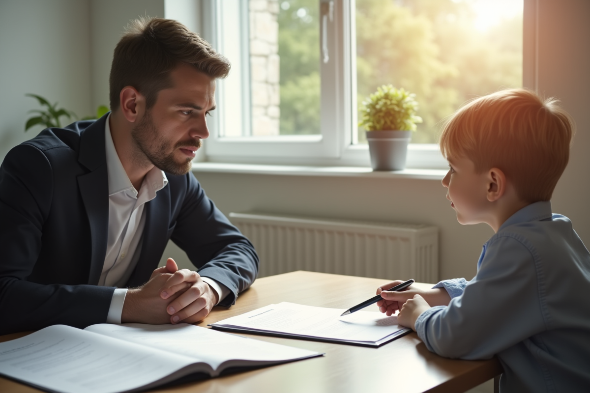 Adulte et enfant discutant avec documents dans un bureau lumineux
