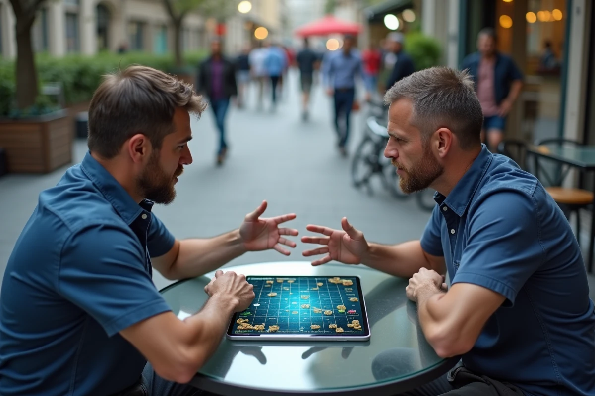 Deux hommes discutant stratégie sur une tablette en terrasse