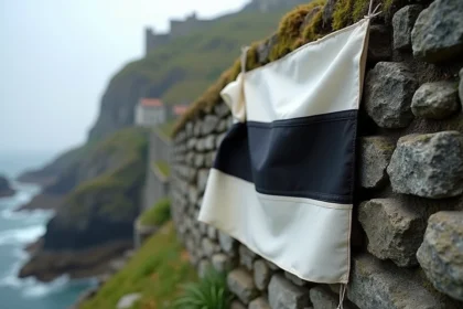 Drapeau breton Gwenn-ha-du avec le motif d'hermines noir et blanc sur un mur en granite breton