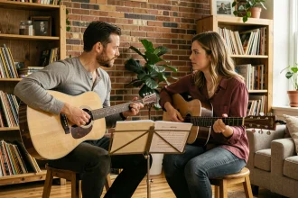 Deux musiciens adultes répètent un arrangement en duo avec des guitares acoustiques dans un salon chaleureux au décor vintage