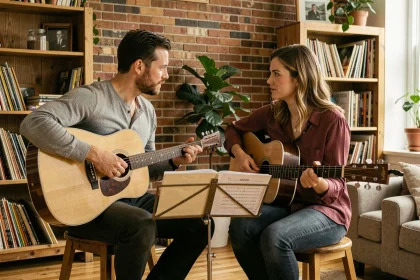 Deux musiciens adultes répètent un arrangement en duo avec des guitares acoustiques dans un salon chaleureux au décor vintage