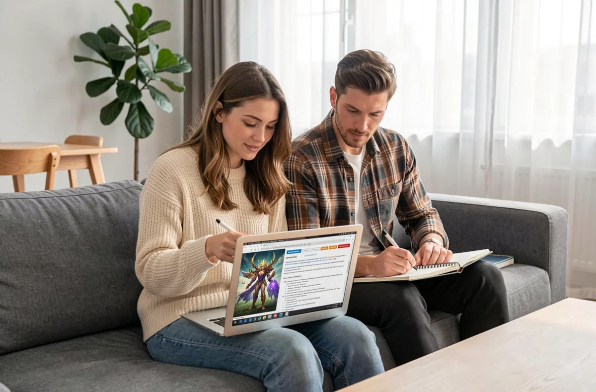 Deux joueurs adultes consultant un guide de solutions pour les chasseurs Dofus sur un ordinateur portable dans un appartement moderne