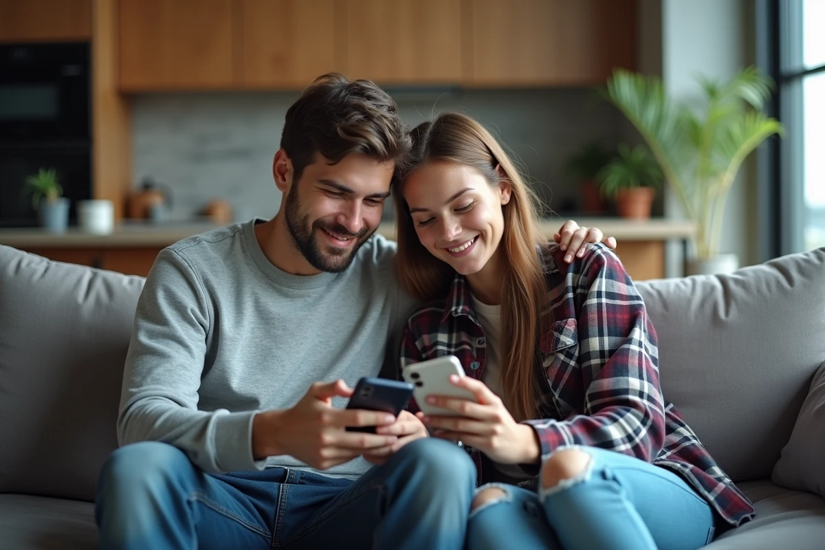 Deux jeunes adultes collaborant sur une composition HDV 12 Clash of Clans via leurs smartphones dans un appartement moderne