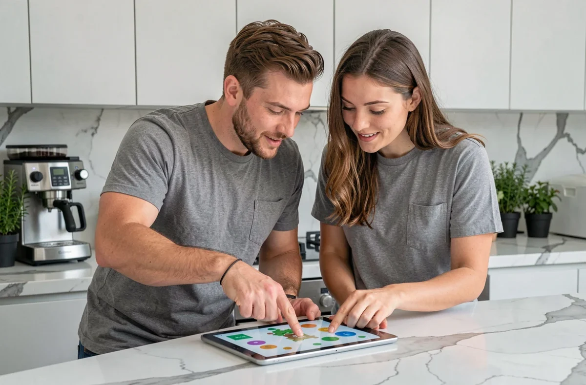 Deux amis qui cherchent ensemble la solution d'un niveau difficile de Rooms and Exits sur tablette