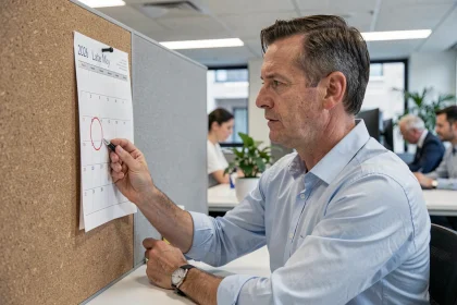 Employé de bureau consultant un calendrier de mai 2026 avec la date du Lundi de Pentecôte entourée en rouge