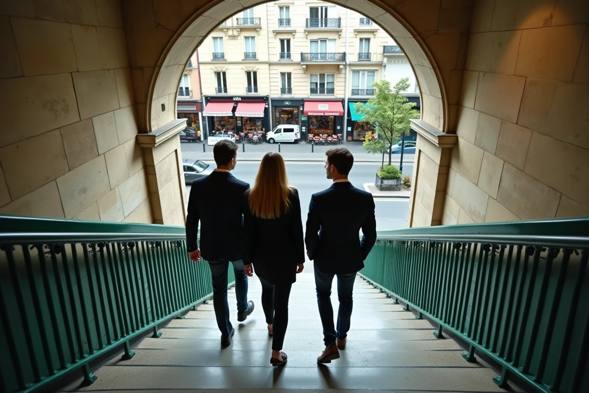 Employés de bureau sortant d'une station de métro ligne 13 par un escalier en fer forgé typique de l'architecture parisienne vers un boulevard haussmannien