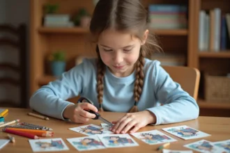 Enfant découpant des cartes illustrées de rois de France pour construire une frise historique sur une table en bois