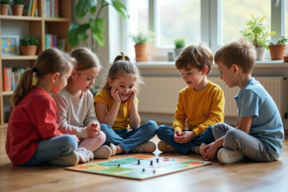 Groupe d'enfants jouant à un jeu éducatif en classe
