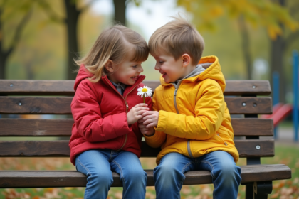 Deux enfants souriants sur un banc dans un parc urbain