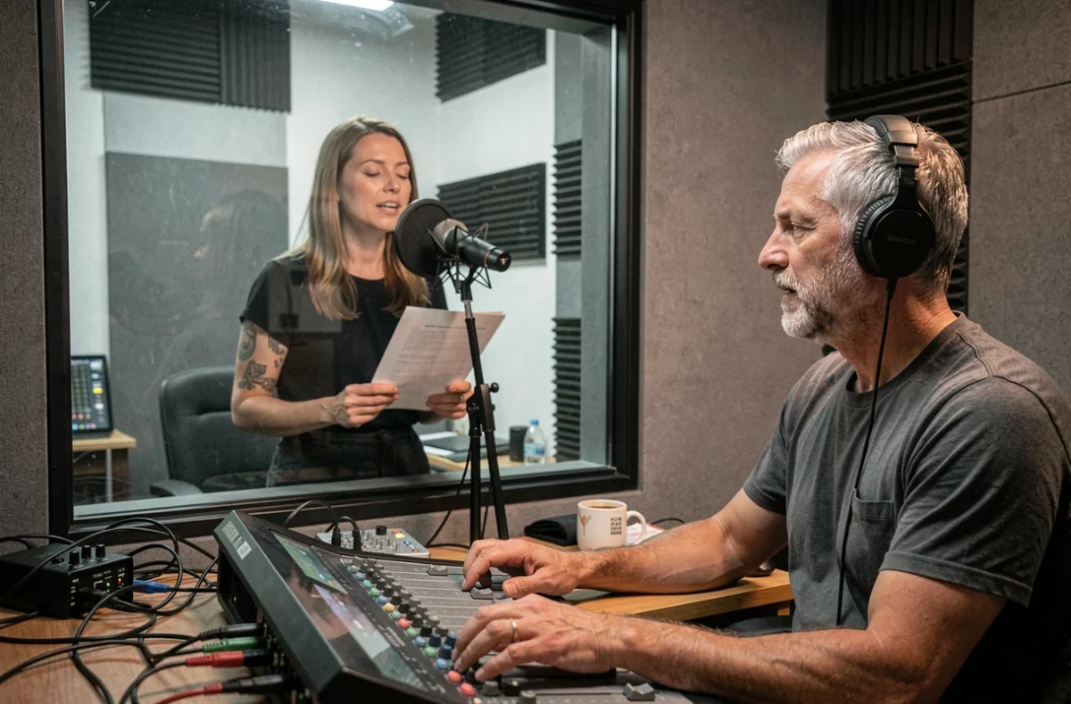 Une chanteuse enregistre une reprise vocale en duo dans un studio home recording pendant qu'un ingénieur du son suit la session derrière la vitre