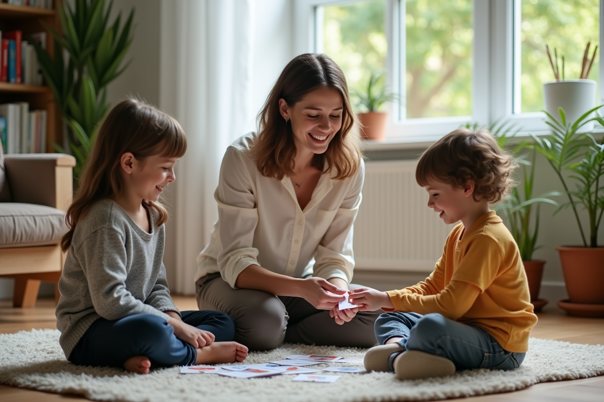 Jeune enseignante jouant avec des enfants à la maison