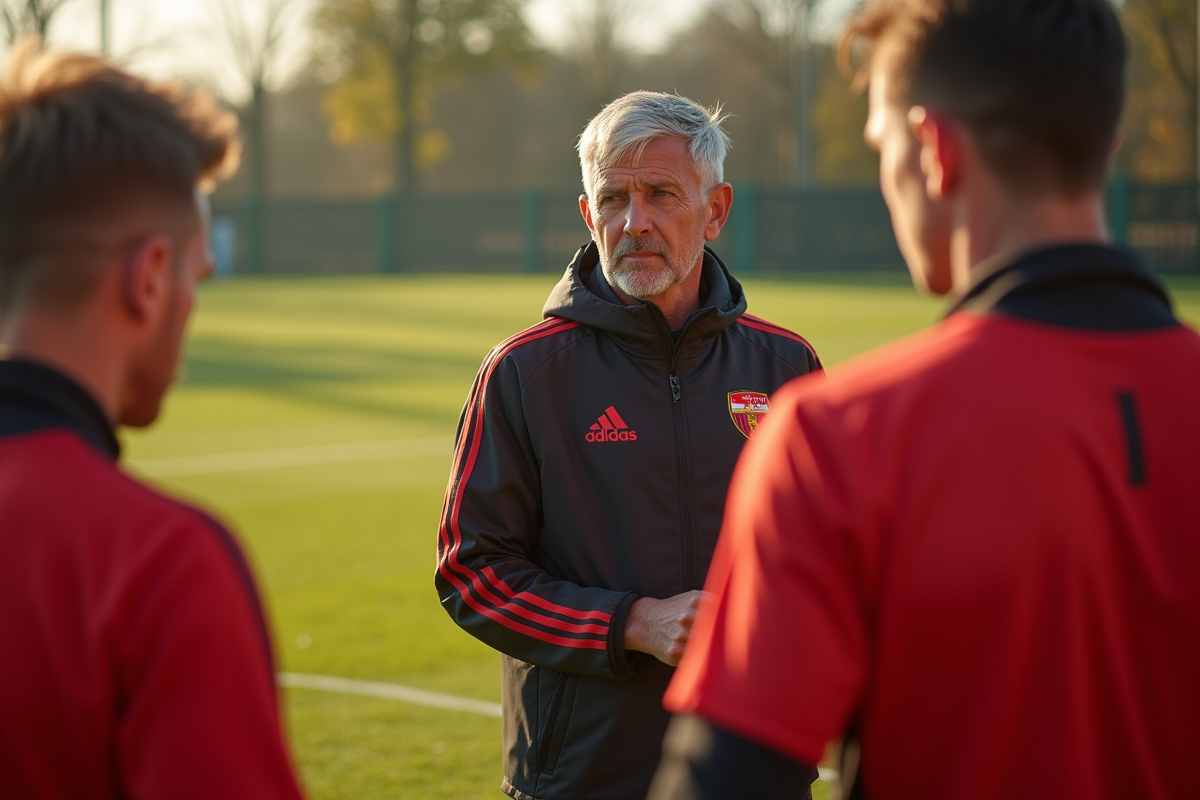Entraineur et joueurs de Lens en discussion tactique