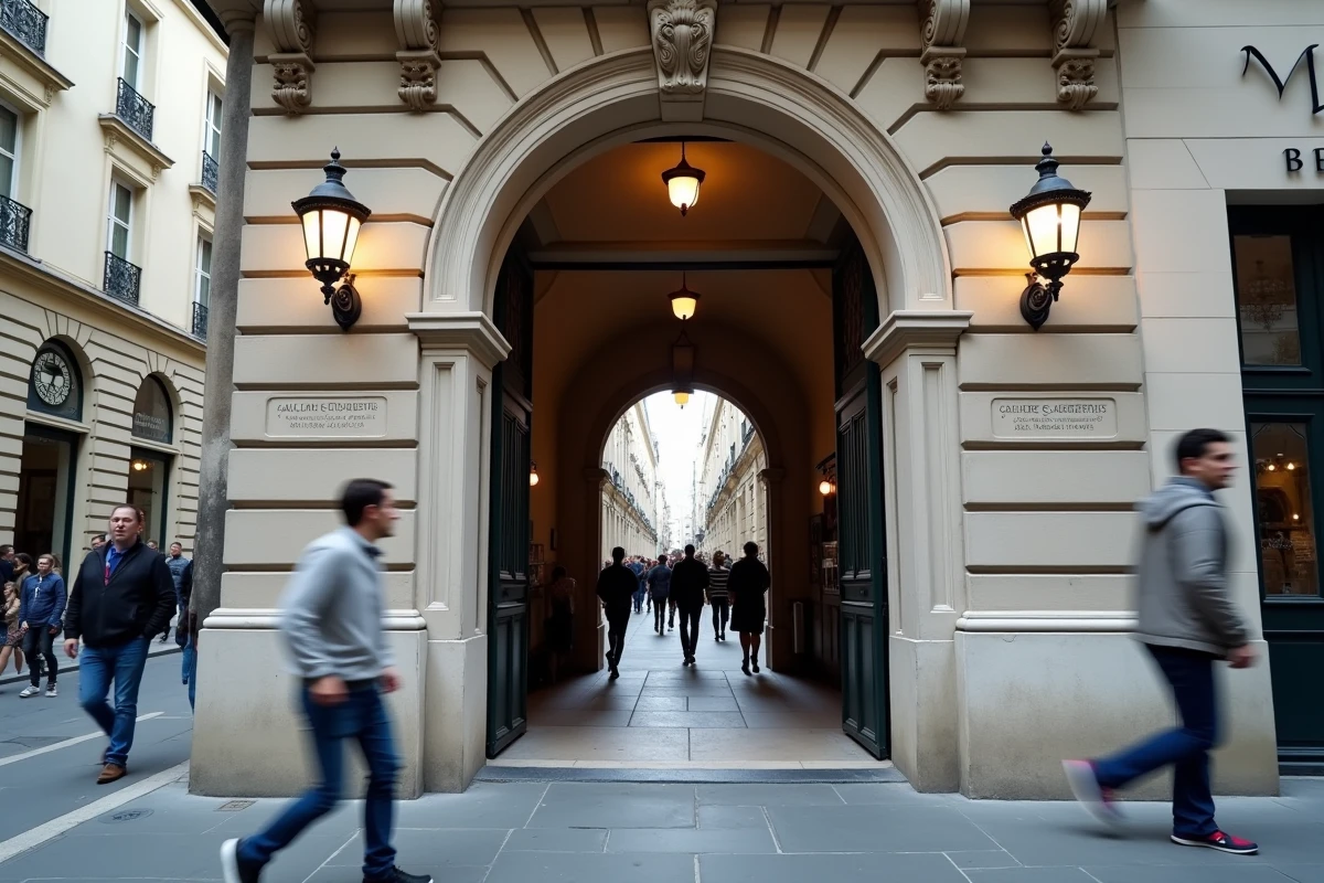 Entrée de la Galerie Colbert rue Vivienne à Paris, passage couvert historique du 2e arrondissement