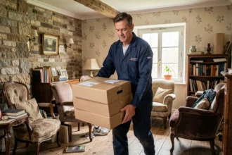 Professionnel d'une entreprise de débarras portant des cartons hors d'une maison dans les Pays de la Loire
