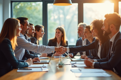 Groupe de professionnels d'affaires se serrant la main dans un bureau lumineux