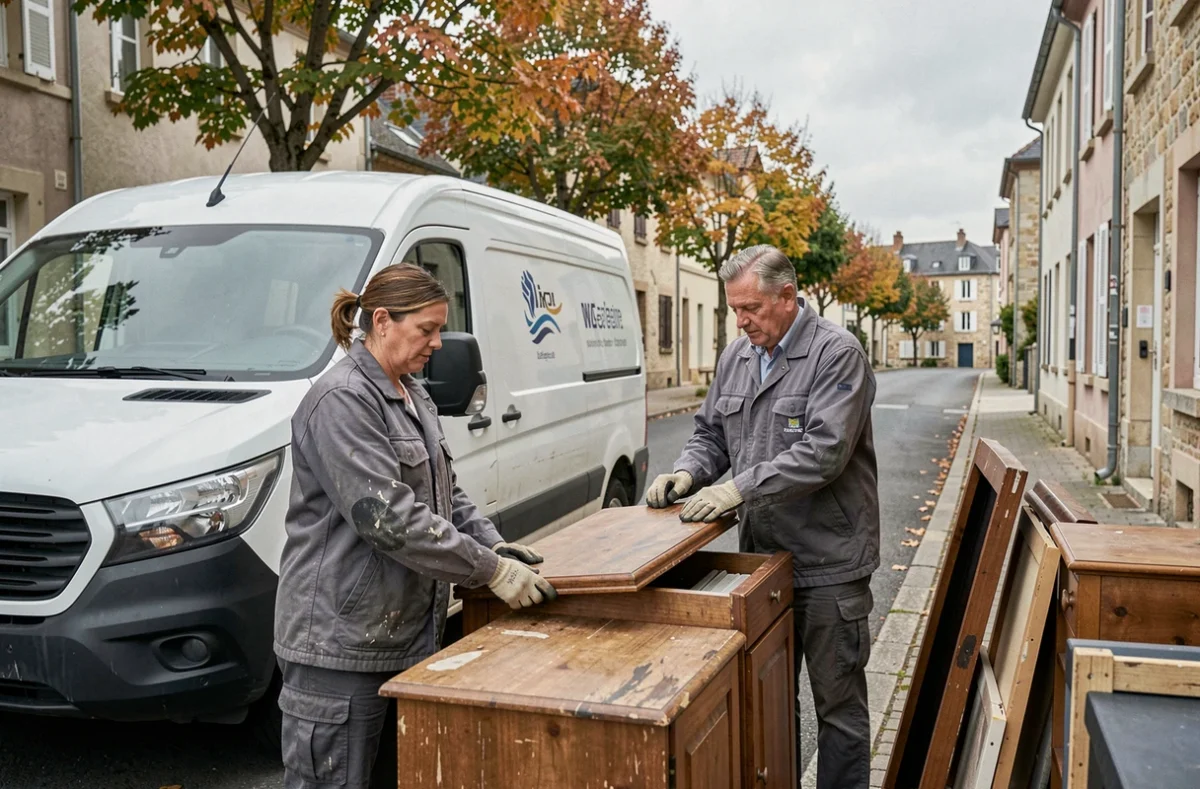 Équipe de débarras triant des meubles devant un camion dans une rue des Pays de la Loire