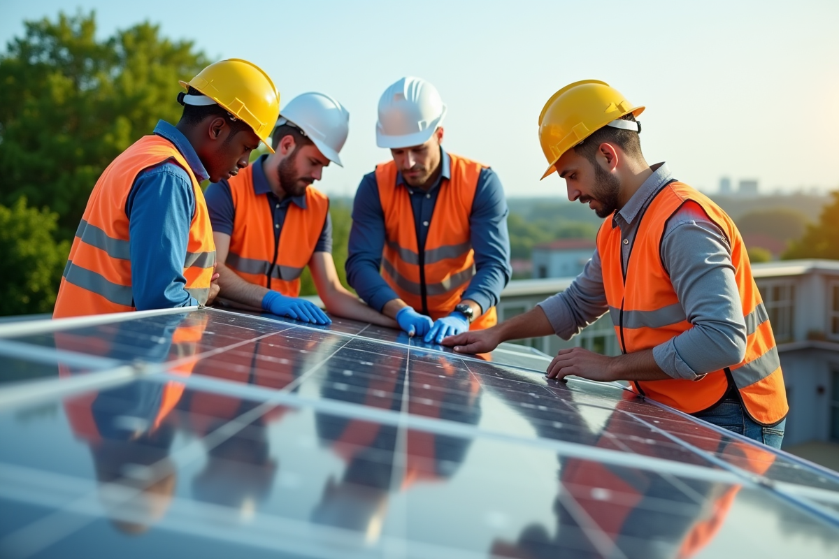 Ingénieurs examinant une installation de panneau solaire sur un toit