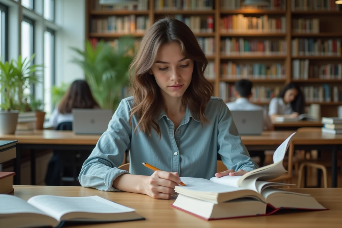 Jeune femme étudiant le concept de fait social dans une bibliothèque universitaire entourée de manuels de sociologie