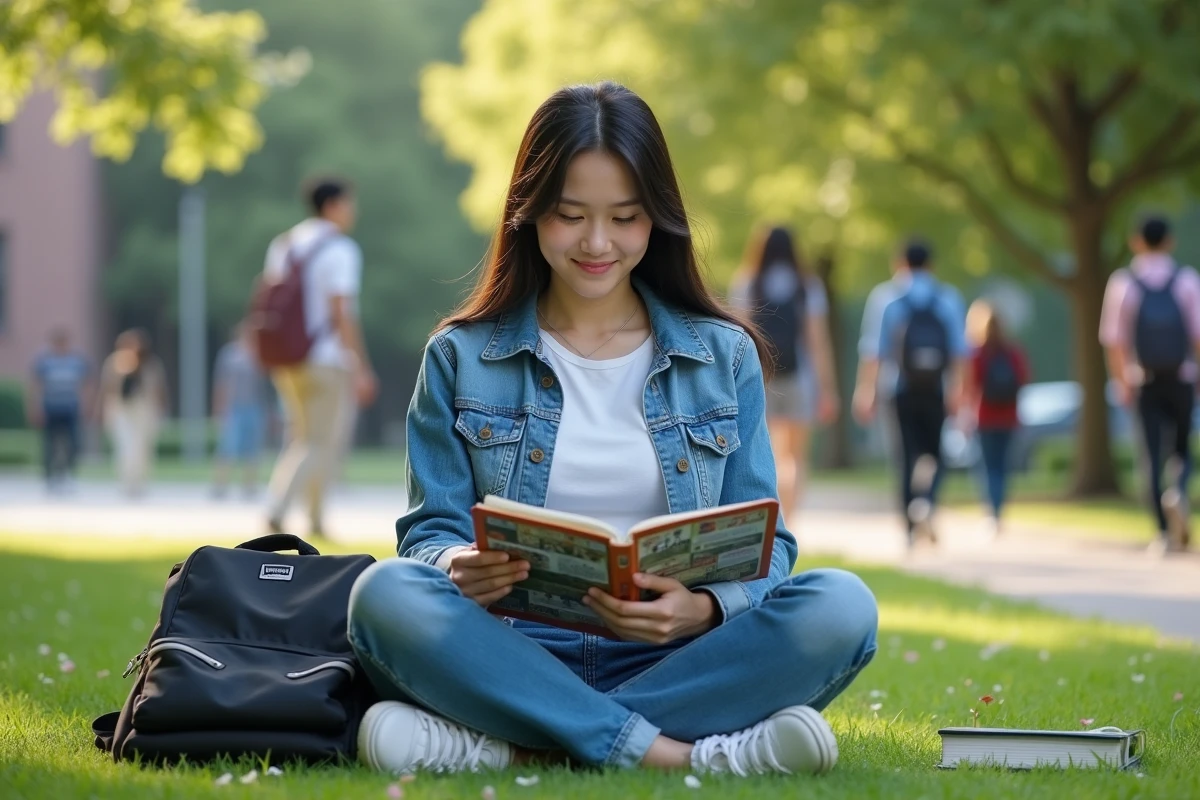 Étudiante lisant un manga sur le campus universitaire entre deux cours