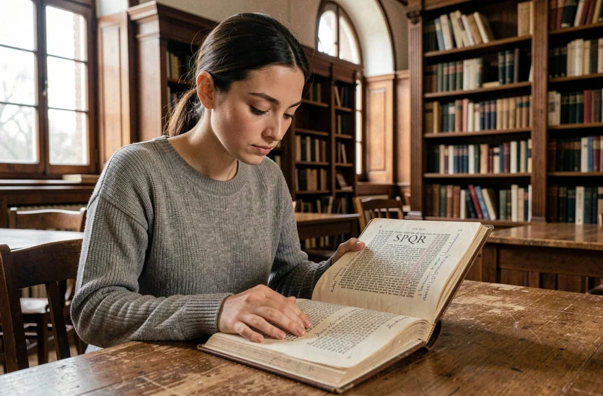 Jeune femme étudiant un texte latin avec la mention SPQR dans une salle de lecture universitaire en bois sombre