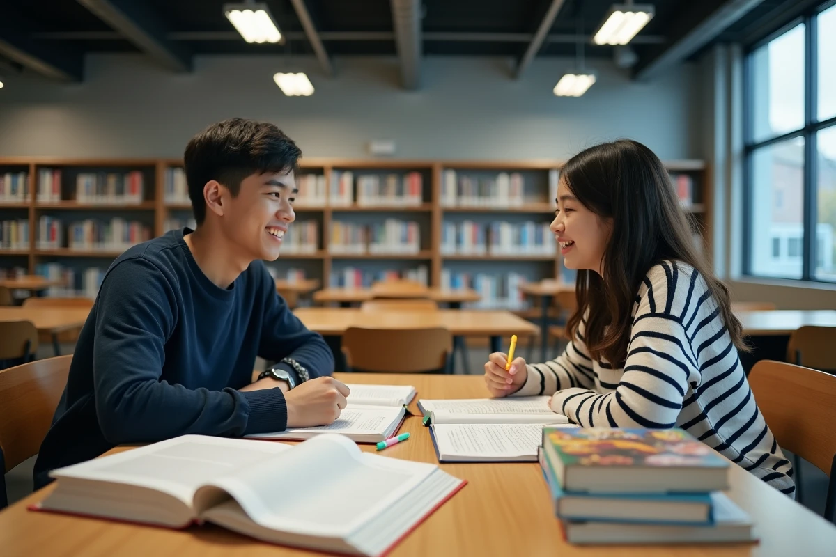 Deux étudiants organisant leur temps entre études et mangas à la bibliothèque universitaire