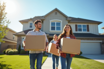Famille heureuse avec cartons devant une maison moderne