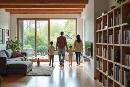 Famille française dans un salon moderne lumineux