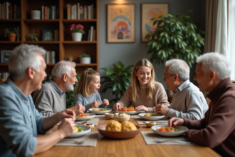 Famille multigenerational partageant un repas convivial dans un appartement moderne