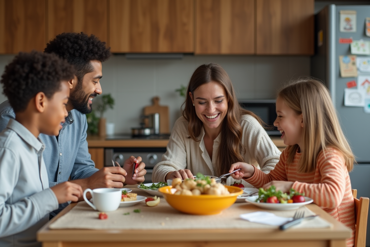Famille diverse partageant un repas dans la cuisine moderne