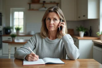 Femme utilisant son téléphone portable pour appeler le service 118 712 depuis sa cuisine