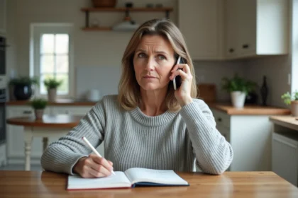 Femme utilisant son téléphone portable pour appeler le service 118 712 depuis sa cuisine