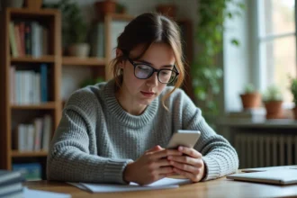 Jeune femme consultant une application de scan sur son smartphone Android à son bureau à domicile
